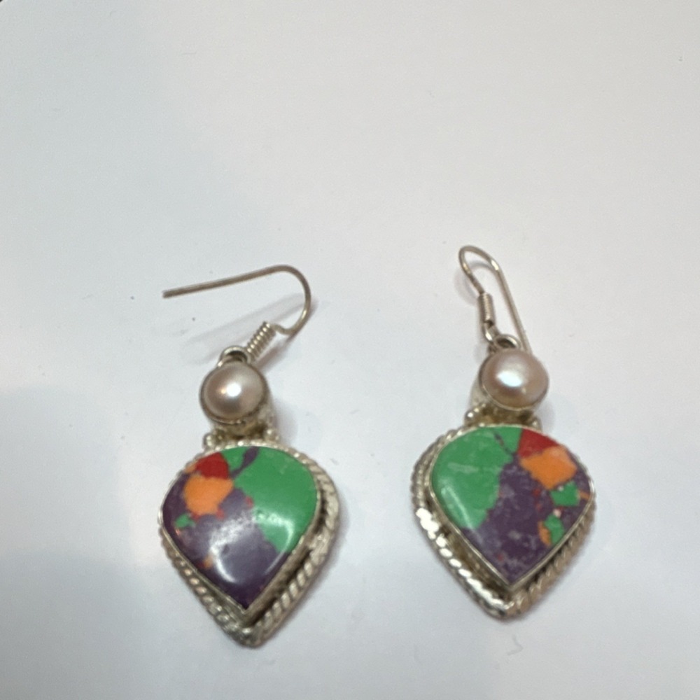 Handcrafted Multicolor Teardrop Dangle Earrings Silver Hook Pearl Accent
